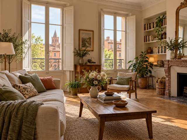 Intérieur lumineux avec salon et espace de vie soignés