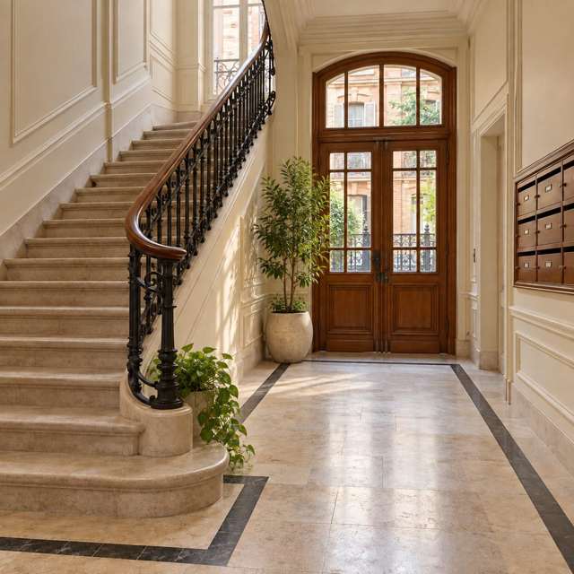 Hall élégant avec escalier en pierre, rampe en fer forgé et plantes.