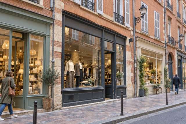 Boutique et commerces voisins dans une rue à l’architecture toulousaine.