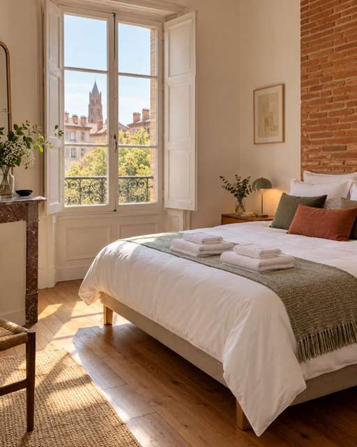 Image illustrative d’un appartement français, lit préparé et serviettes propres