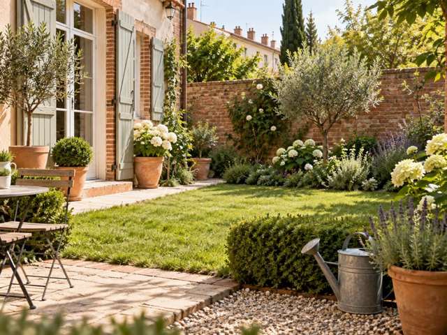 Petit jardin avec pelouse, massifs et pots en terre cuite